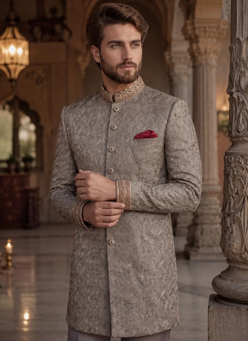 Close view of grey Silk Jamawar sherwani embroidery on the collar and cuffs
