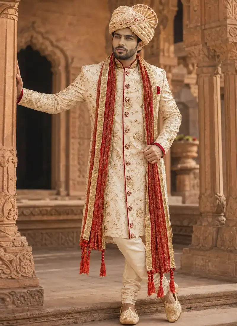 Ivory and gold sherwani for groom styled with a red shawl and traditional turban