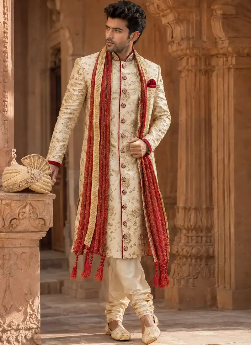 Full-length Pakistani groom sherwani in ivory and gold with a red wedding shawl