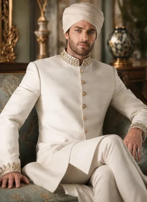 Seated groom in a white sherwani with an ivory and gold turban