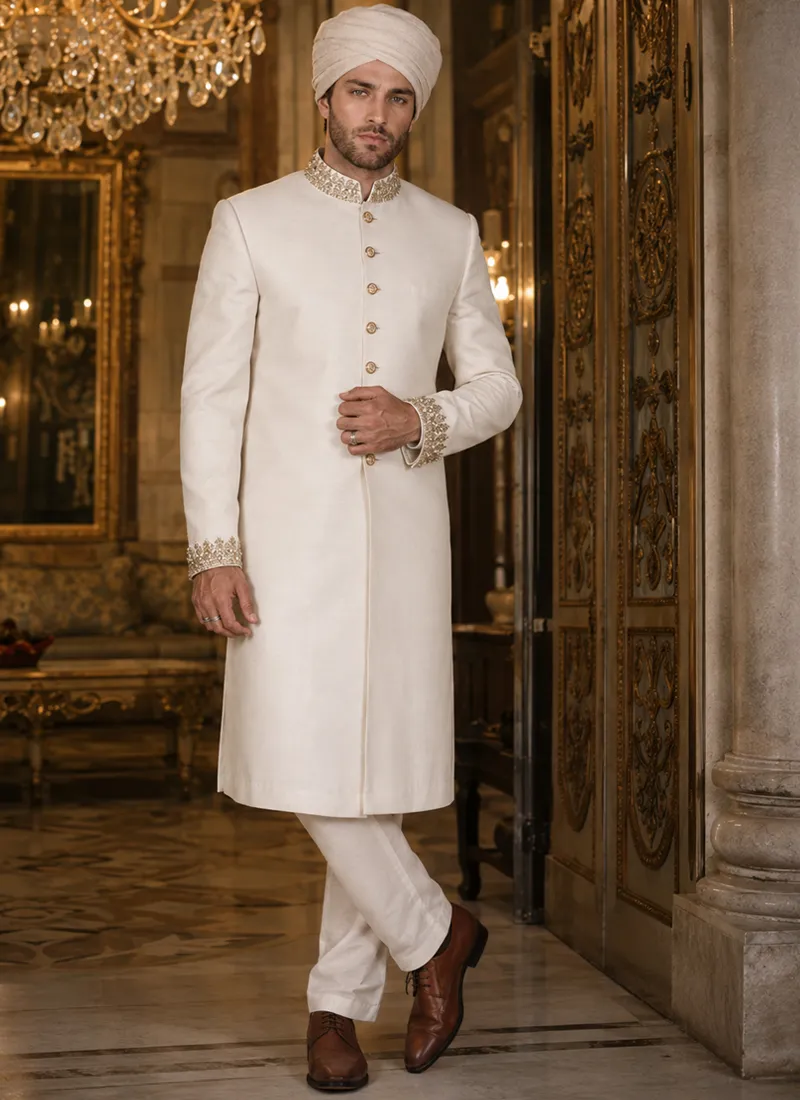 Full-length white sherwani for groom with a gold zari collar and embellished buttons