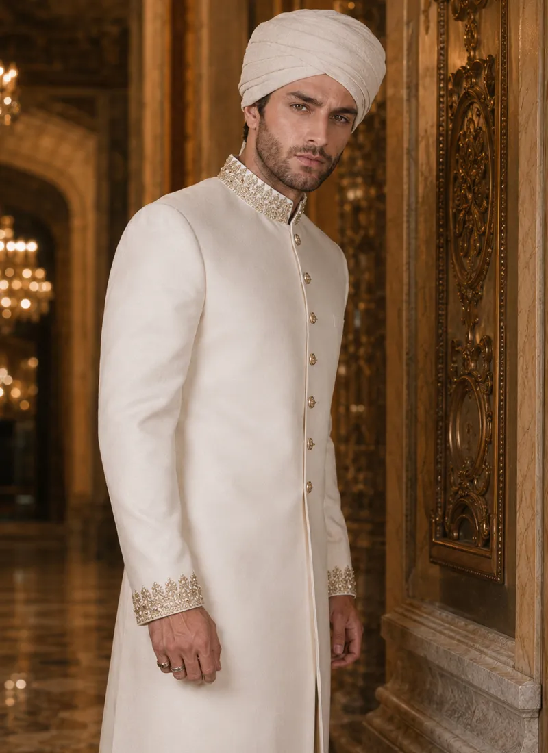 Groom wearing a white Silk Jamawar sherwani with concentrated gold detailing