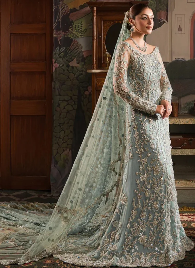 Ice blue Ammara Khan-inspired Nikkah maxi with boat neckline, silver vine embroidery, long trail and organza dupatta