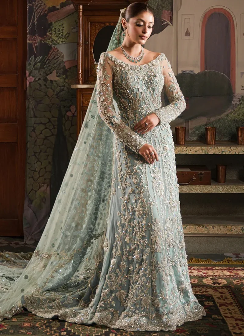 Ice blue Ammara Khan-inspired Nikkah maxi with boat neckline, silver vine embroidery, long trail and organza dupatta