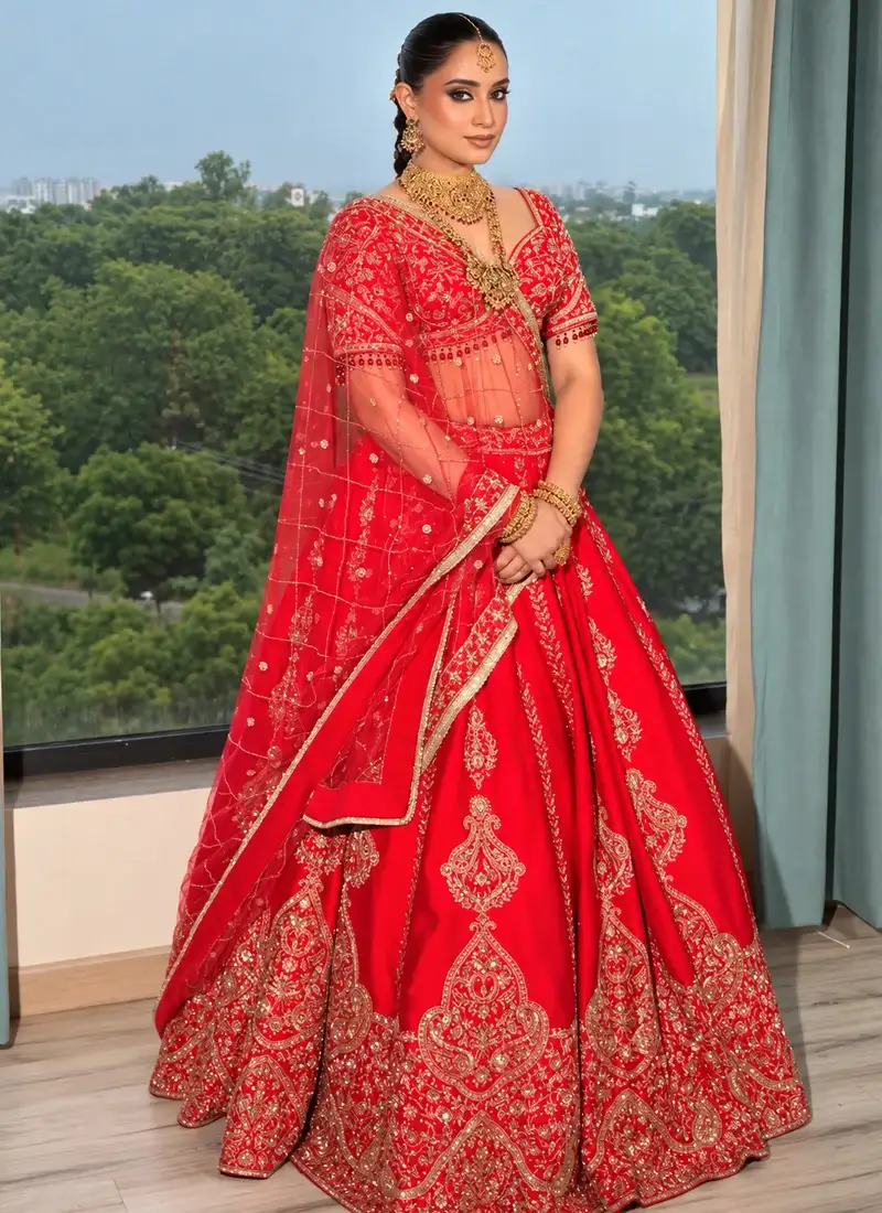 Beaded Scarlet Red Bridal Lehenga Choli Beaded scarlet red bridal lehenga choli with ornate gold embroidery and traditional wedding styling