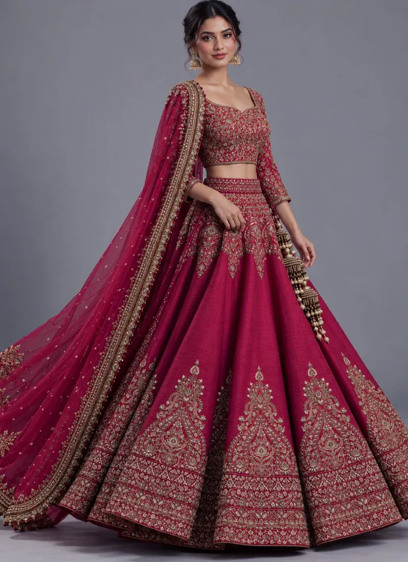 Berry burgundy bridal lehenga featuring elegant antique gold embellishment and rich wedding detailing