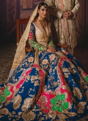 Blue lehenga for Nikah ceremony with intricate hand embroidery and graceful bridal styling