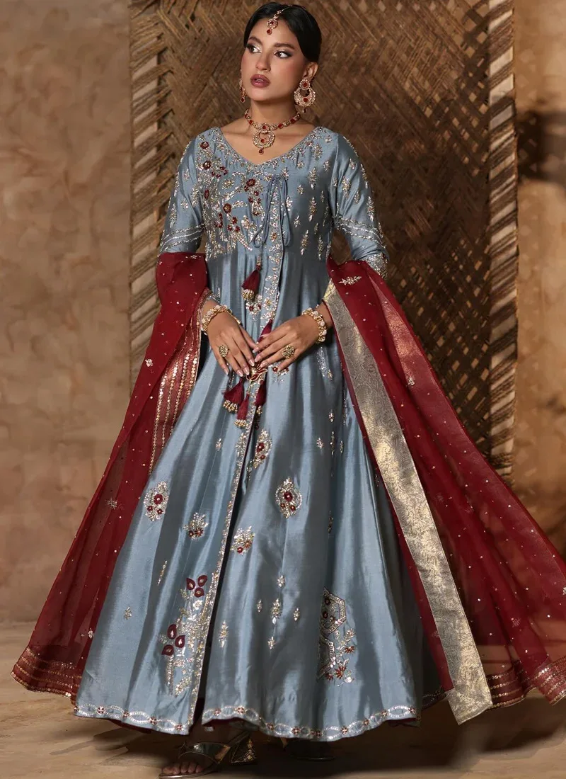 Bluish Grey Pakistani Bridal Angrakha Peshwas Bluish grey wedding Peshwas for bride with graceful Angrakha silhouette and maroon
