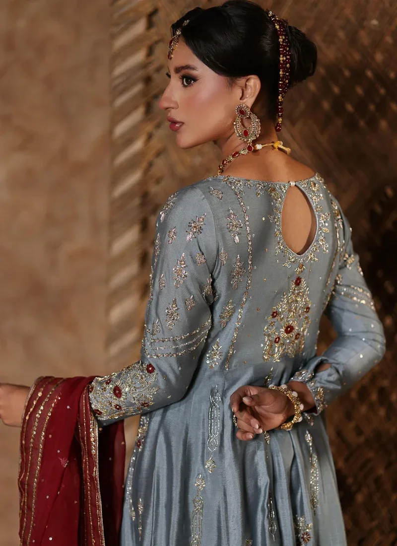 Bluish grey Pakistani bridal Angrakha Peshwas with maroon dupatta and elegant Kalidar flair