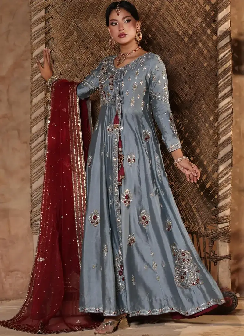 Bluish grey and maroon Pakistani bridal dress with Angrakha Peshwas and flowing Kalidar flair