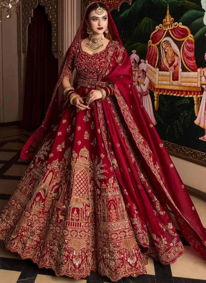 Candy Red Embroidered Bridal Lehenga Choli Candy red bridal lehenga featuring intricate floral resham embroidery and traditional detailing