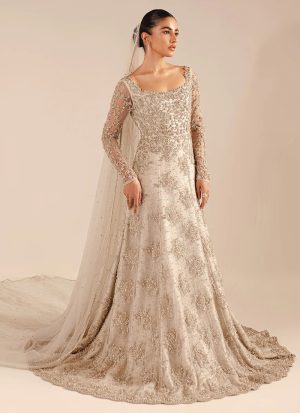 Embroidered ivory floor length bridal gown with sweeping train and luxurious silver gold finish