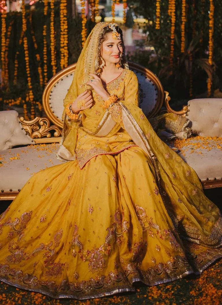 Embroidered yellow Mehndi bridal dress with net shirt and raw silk lining