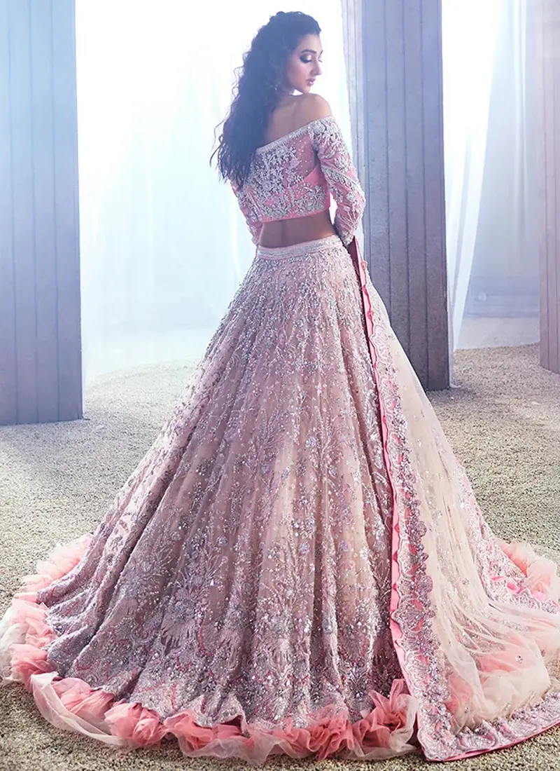 Baby pink Erum Khan-inspired Barat lehenga in organza with silver embroidery, off-shoulder blouse and 14-kali ghera