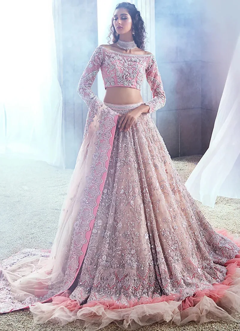 Baby pink Erum Khan-inspired Barat lehenga in organza with silver embroidery, off-shoulder blouse and 14-kali ghera