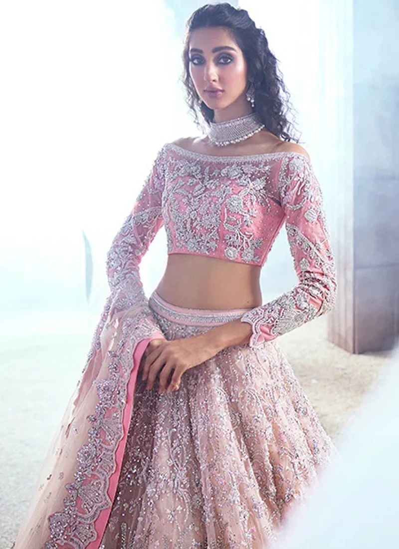 Baby pink Erum Khan-inspired Barat lehenga in organza with silver embroidery, off-shoulder blouse and 14-kali ghera