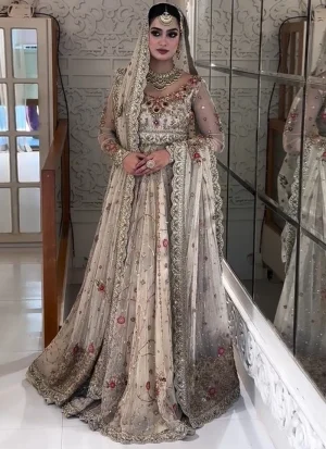 Ivory bridal maxi in organza and American katan silk with matching 3.5-yard organza dupatta