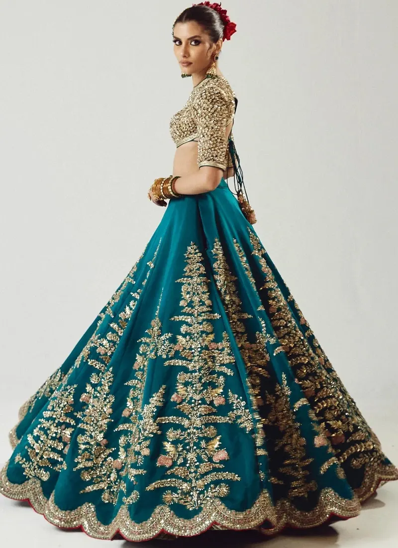 14-kali zinc blue lehenga with panels, attached cancan and tall branching embroidered sprays