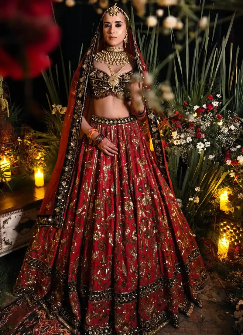 Indian Crimson Red Velvet Bridal Lehenga Indian crimson red velvet bridal lehenga with contrasting black velvet blouse and traditional zardozi detailing