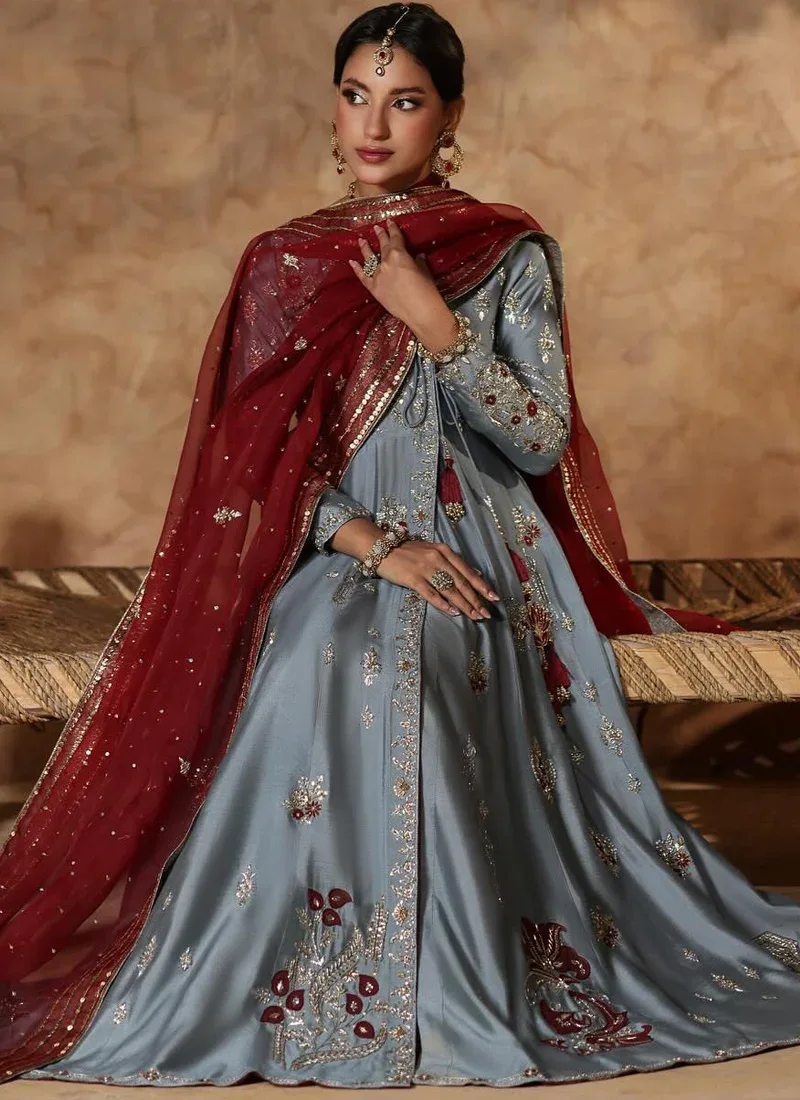 Pakistani bridal Angrakha in bluish grey with Kalidar flair and contrasting maroon dupatta