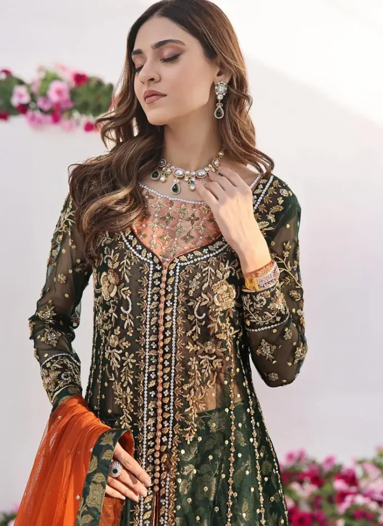 Bottle Green Open Gown with Orange Dupatta Video