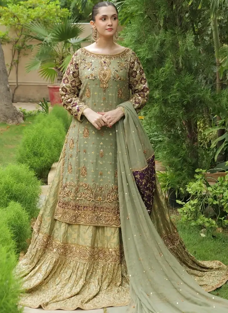 Pakistani Sage Green Wedding Lehenga Sage green bridal Farshi lehenga with Khaddi Net kameez, Jamawar lehenga and chiffon dupatta with purple accents