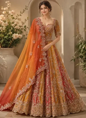 Saffron orange and coral lehenga choli with sweetheart neckline, silver-toned embroidery and scalloped hem