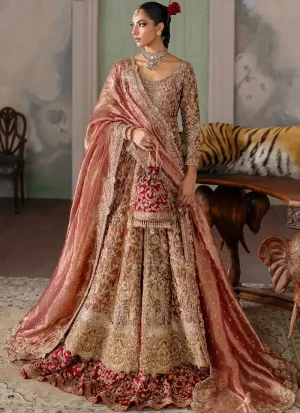 Deep red bridal lehenga and coral long shirt, full front view with scalloped gold embroidered hem