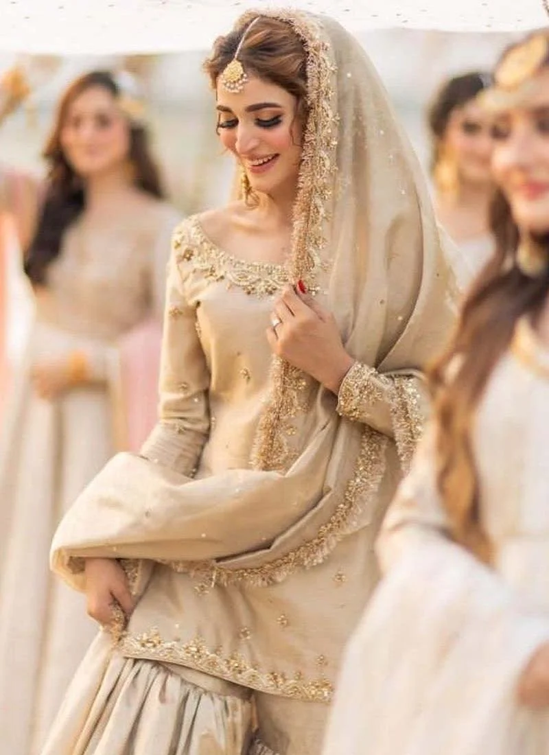 Gold Nikkah Gharara Suit with Kiran-Lace Dupatta Border Video
