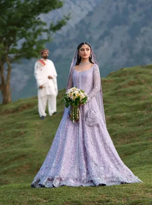 Lavender Walima open gown with lehenga, full front view with silver embroidery and scalloped hem border