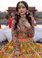 Mustard Mehndi Lehenga Choli with Multicolour Chevron Borders Video