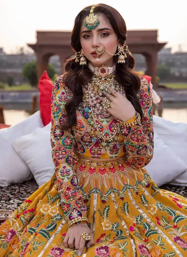 Mustard Mehndi Lehenga Choli with Multicolour Chevron Borders Video