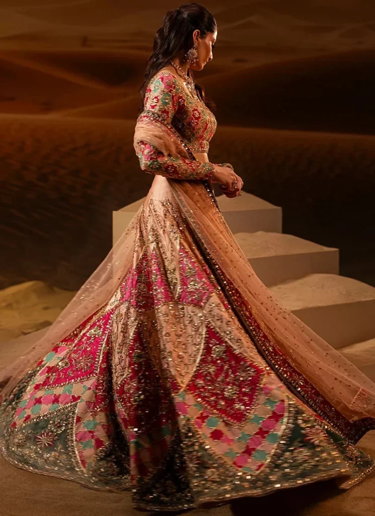 Peach Baraat Lehenga Choli with Chevron Floral Panels Video