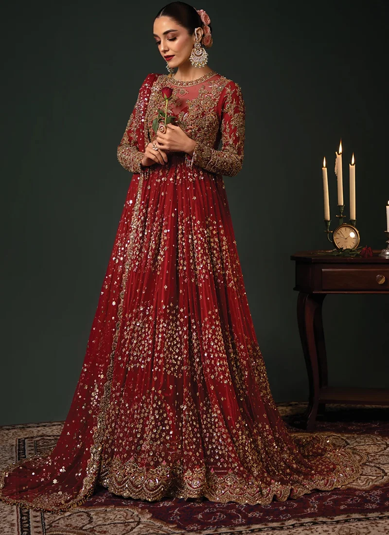 Red Baraat Gown with Scalloped Zardozi Hem Red bridal pishwas front view with sheer illusion neckline, gold floral embroidery and fitted waist