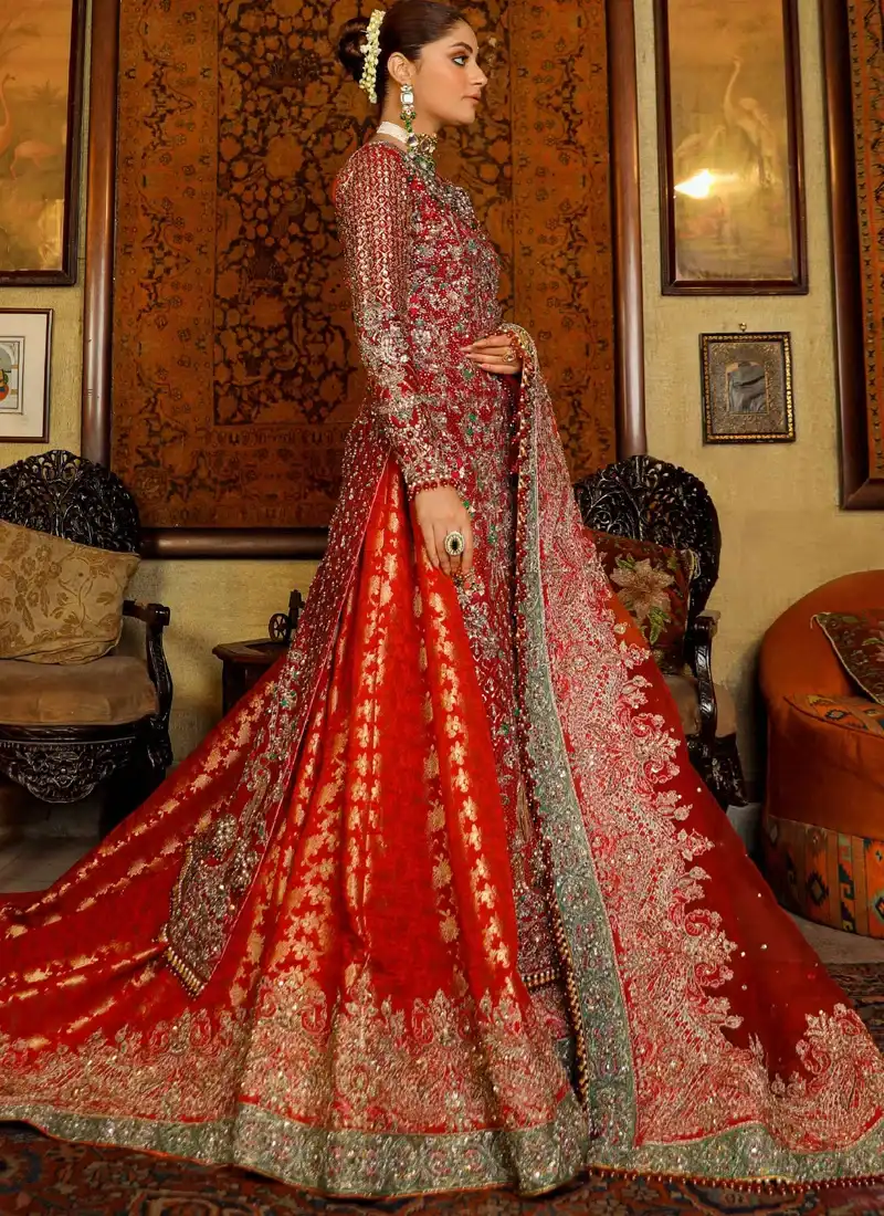 Red Baraat long shirt with lehenga front view featuring gold embroidery and a green-bordered dupatta