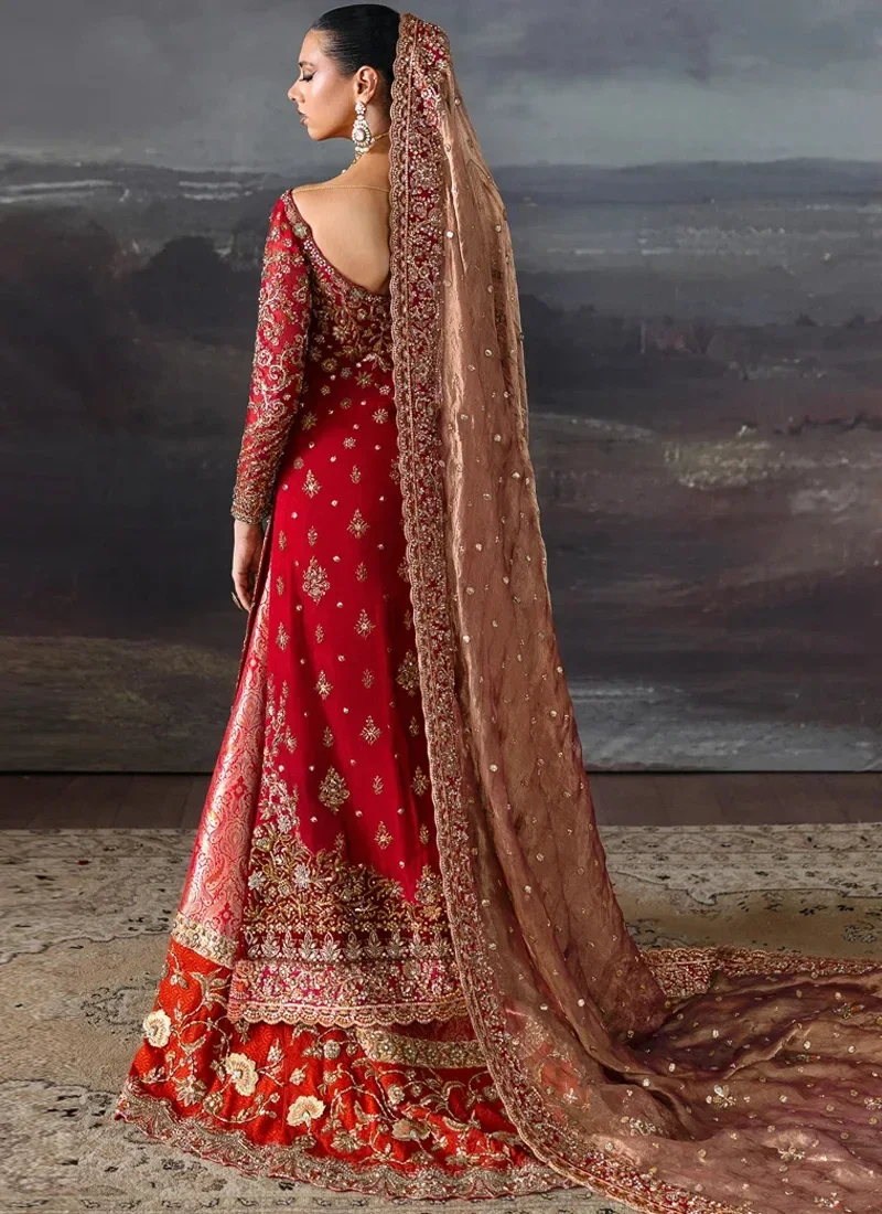 Red Baraat Long Shirt with Lehenga with Scalloped Floral Borders Red bridal long shirt and lehenga, rear full-length view with scalloped rose-gold dupatta border.
