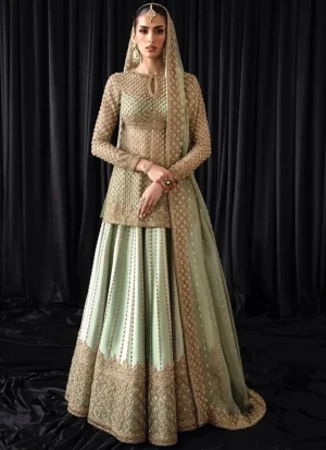 Sage green baraat lehenga kurti full front with keyhole neck and wide gold diamond lattice lehenga hem