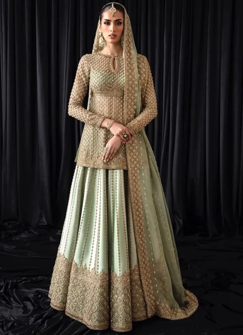 Sage Green Baraat Lehenga Kurti with Diamond Lattice Hem Sage green baraat lehenga kurti full front with keyhole neck and wide gold diamond lattice lehenga hem