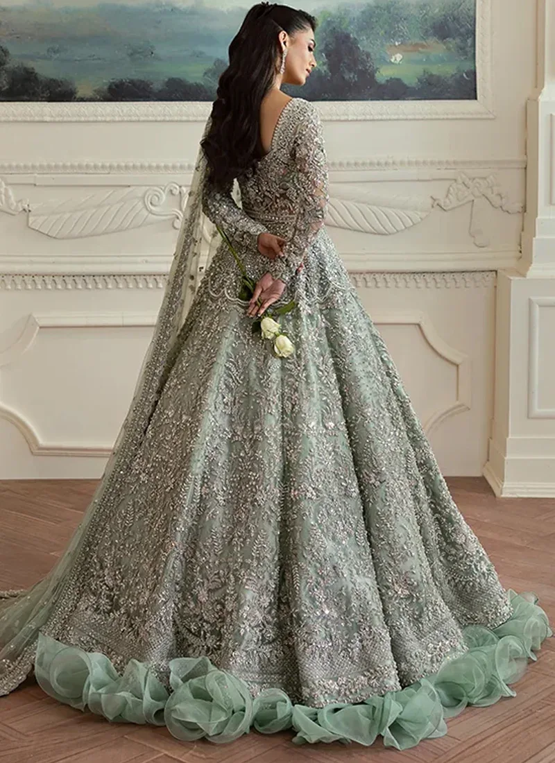 Sage green bridal maxi close-up with silver floral embroidery, sheer sleeves and scalloped dupatta border